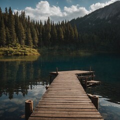 Obraz premium A cozy lakeside cabin with a wooden dock.