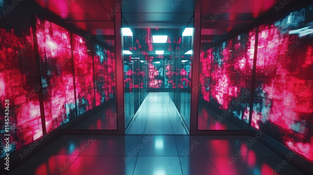 Poster a futuristic server room corridor illuminated with vibrant pink and blue lights from server racks cr