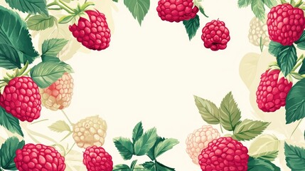 Raspberry fruit background with green leaves featuring ripe and unripe berries on a light pastel backdrop for fresh produce designs.
