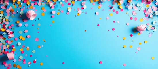 Vibrant colored confetti on blue background ideal for party celebrations and event promotions with ample blank space for text or graphics