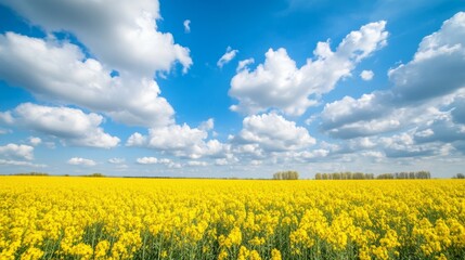 A field of yellow canola flowers under a partly cloudy sky, wide-angle shot, Countryside style