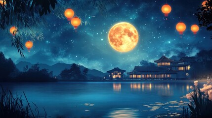 Naklejka premium Serene Night Scene With Moon Lanterns And Temple