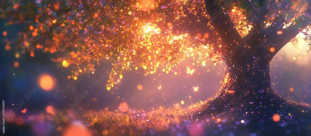 Poster festive tree illuminated with sparkling lights creating a magical shimmering atmosphere during a cel
