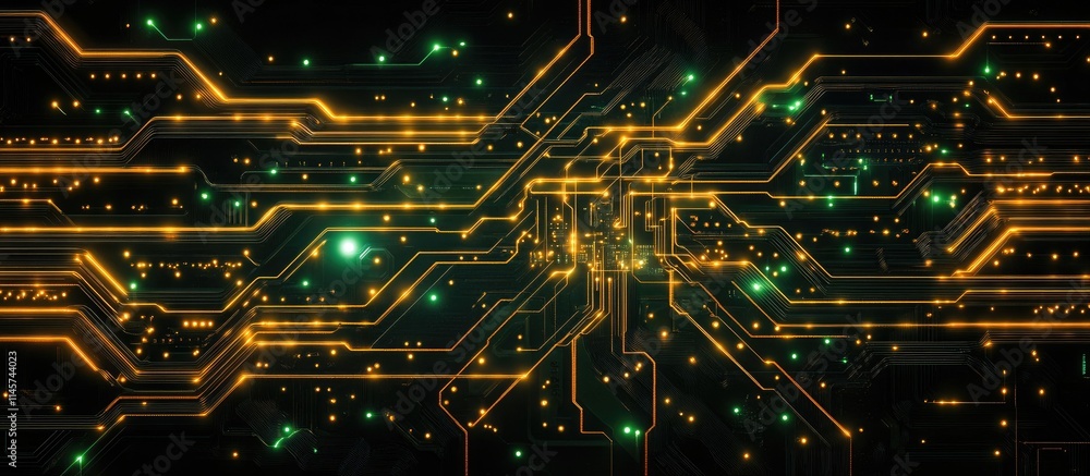 Poster abstract digital circuit board design illustrating connectivity with glowing lines and nodes in a da