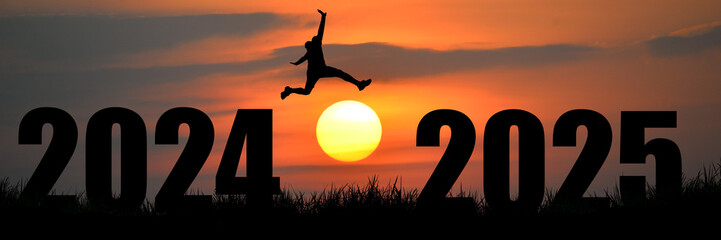Leaping into 2025: Silhouette of a person jumping from 2024 to 2025 over a vibrant sunset.  A powerful visual metaphor for new beginnings, growth, and embracing the future. 