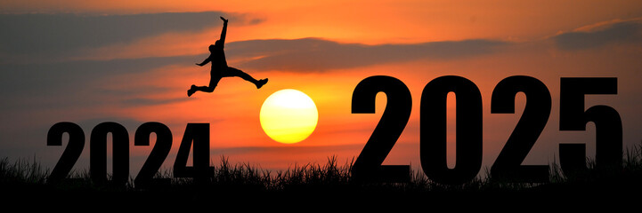 Silhouette of Person Jumping from 2024 to 2025 Against a Vibrant Sunset Background Symbolizing New Year and Fresh Beginnings