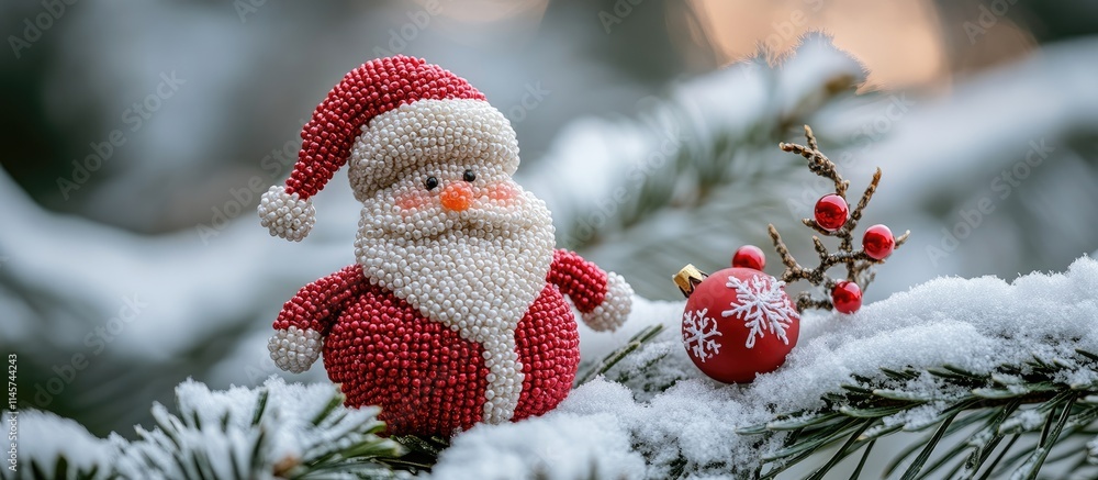 Poster beaded santa claus figure resting on a snowy tree branch with decorative red ornaments creating a fe
