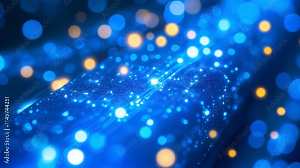 Poster abstract blue background with glowing particles and bokeh lights. futuristic technology or data flow