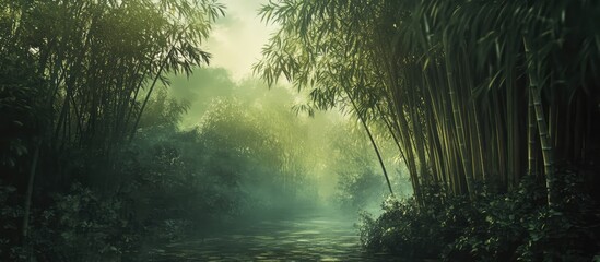 Serene bamboo forest landscape with mist and calm water creating a tranquil atmosphere in nature's untouched beauty