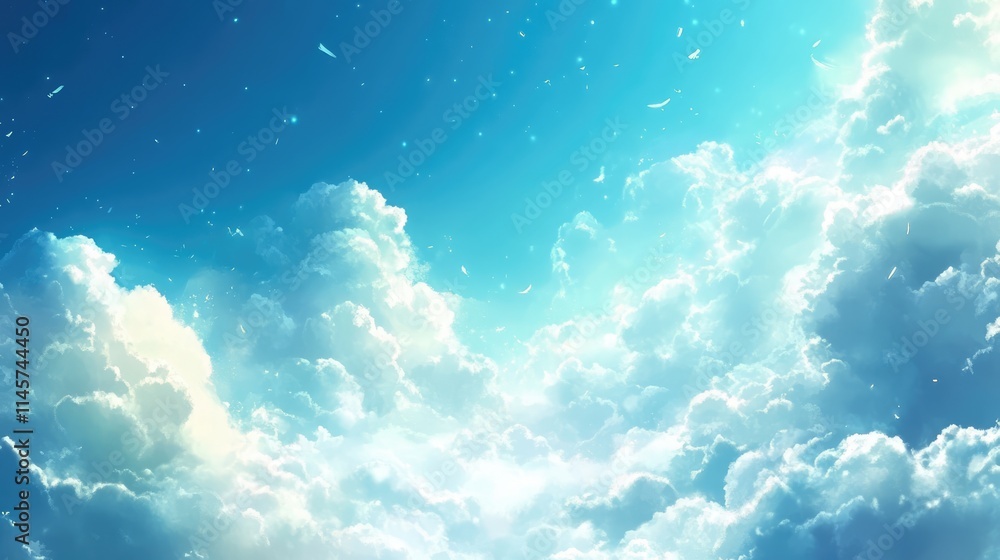 Poster serene blue sky with fluffy white clouds creating a tranquil and peaceful nature background for vari