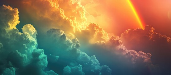 Fototapeta premium Vibrant sky with colorful clouds and a rainbow illuminating the scene during a bright day