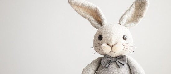 Obraz premium Handmade stuffed bunny toy with a bow tie on a neutral background showcasing craftsmanship and charm in a minimalist design