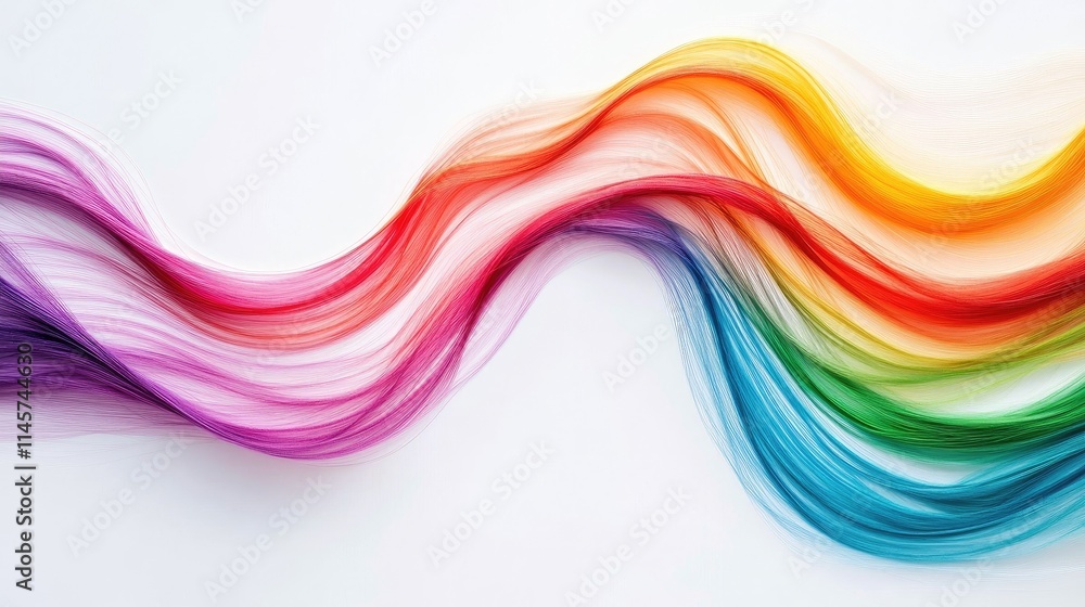 Poster vibrant flowing strands of colorful threads creating a dynamic and artistic wave on a clean white ba