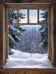 Winter Wonderland Viewed Through a Rustic Wooden Window