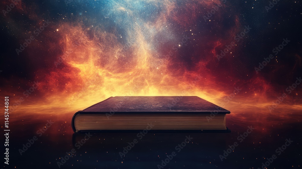 Aufkleber cosmic book cover design featuring a large open space background of stars and nebulae for customizat