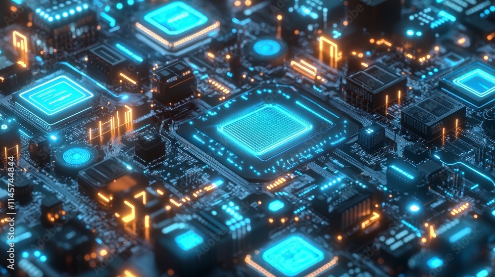 Poster a close-up of a futuristic circuit board with glowing blue and orange components. the intricate deta