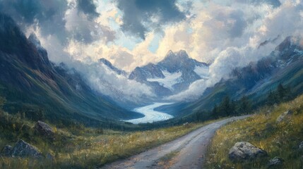 Scenic mountain road leading to a glacier under dramatic clouds with a river flowing through a picturesque valley landscape.