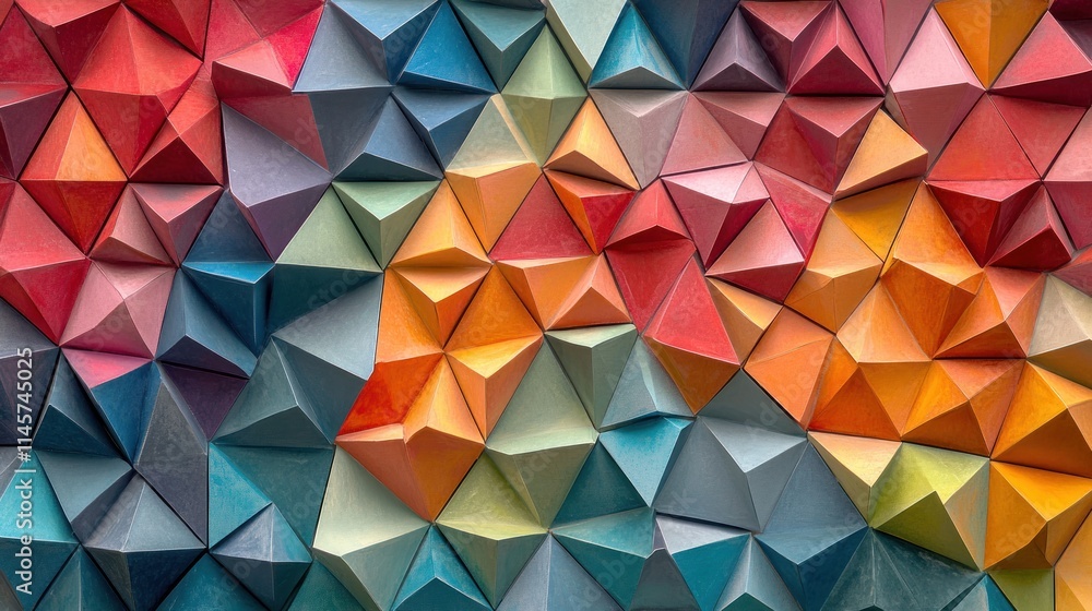 Poster a vibrant arrangement of colorful paper pyramids creating a textured, abstract design.