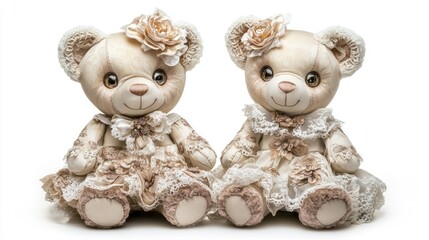 Vintage cream teddy bear dolls dressed in lace and floral details isolated on white background perfect for gifting or decorative purposes.