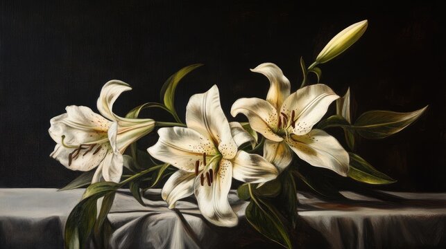 Elegant Lilium auratum lilies on a dark background showcasing their delicate petals and vibrant colors for floral design and decoration.