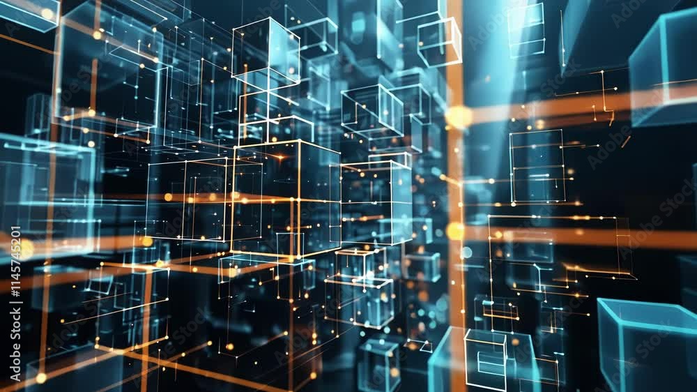 Poster complex network of interconnected glowing cubes illustrating big data processing and storage within 