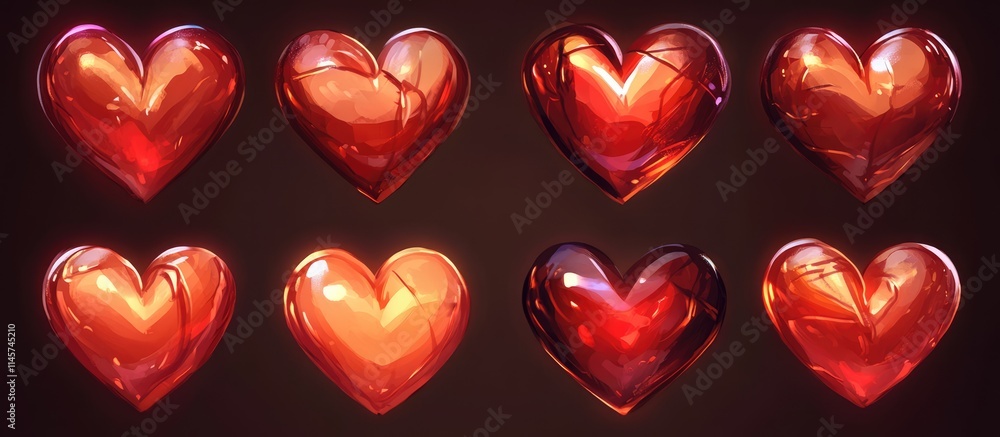 Poster variety of glossy red heart shapes arranged in a grid on a dark background representing love and aff