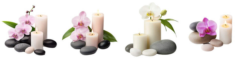 serene spa arrangement featuring candles, orchids, and stones
