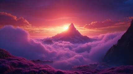 Fototapeta premium Majestic sunset illuminating a mountain peak above vibrant clouds in a serene landscape.
