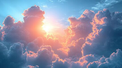 Fototapeta premium Clouds, heaven, and a blue sky with a flare represent belief, faith, and spiritual religion, symbolizing peace and worship.