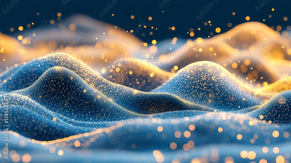 Poster a mesmerizing landscape of shimmering blue and gold particles forms an abstract digital wave. tiny g