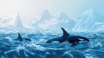 Fototapeta premium Wild pod of Orca whales swimming majestically in deep blue ocean waters near ice-covered mountains under a clear sky