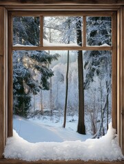 Winter Wonderland Viewed Through a Wooden Window