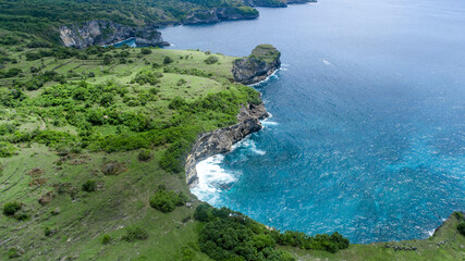 Beautiful landscape of rocky beach with green trees and blue ocean in Nusa Penida, Bali.