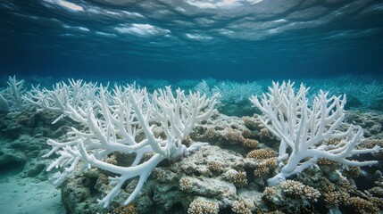 A coral reef bleached and dying, showing the devastating effects of global warming on marine ecosystems and ocean health