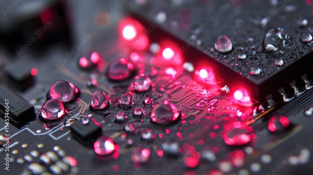 Poster close-up of a circuit board with water droplets reflecting red led lights. the image highlights the 