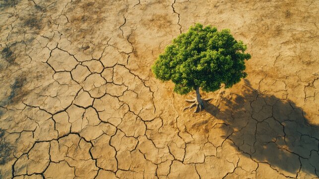 A lone tree standing in a parched desert, surrounded by cracked earth, representing the growing threat of desertification caused by global warming