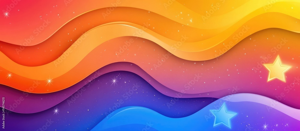 Poster vibrant abstract wave pattern with colorful gradients and whimsical star shapes for creative design 