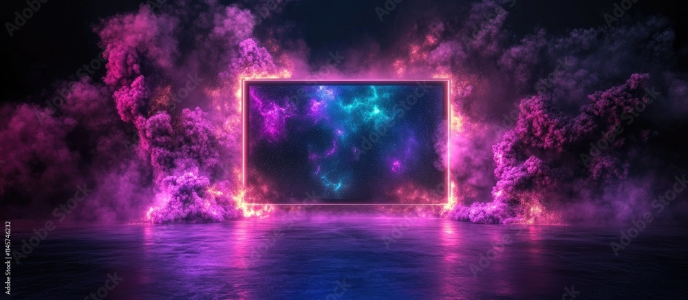 Poster abstract illuminated lcd display on stage surrounded by vibrant smoke showcasing the fusion of displ