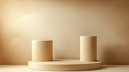 A stand for a product presentation or showcase, beige and light brown shades, with a cylindrical stand, a studio podium or a platform layout of a product template.