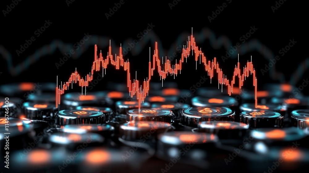 Poster a vibrant digital graph overlays a series of round buttons, symbolizing data analysis and technology