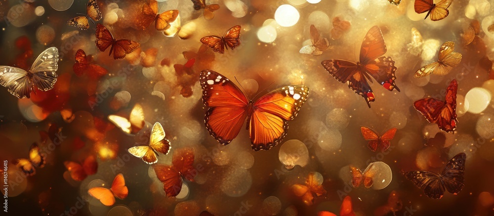 Poster bokeh background with colorful butterflies creating a dreamy and whimsical atmosphere in a natural s