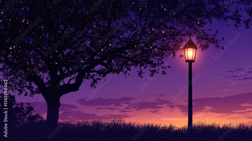 Aufkleber silhouette of a modern lamp post under a dusk violet sky with a tree creating a serene twilight atmo