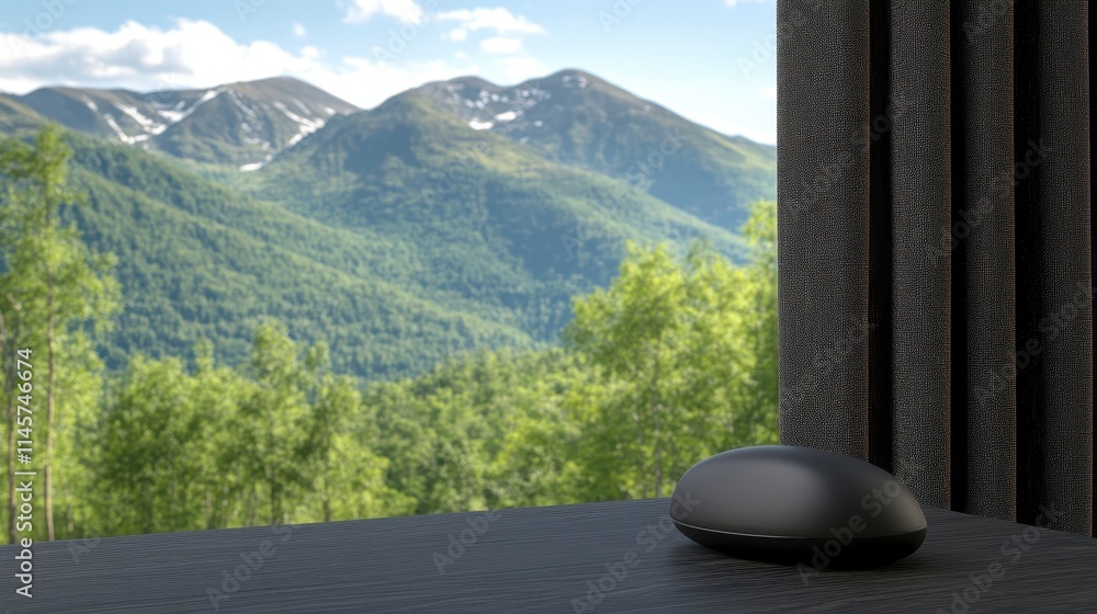 Poster a serene mountain view through a window with a dark curtain and a round object on a countertop, crea