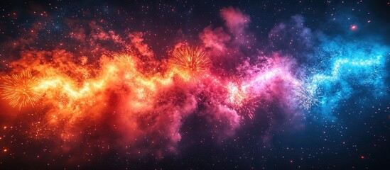 Naklejka premium Vibrant fireworks display illuminating the night sky with an array of colors in a breathtaking cosmic atmosphere