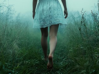 A woman walks barefoot through a foggy field, evoking a sense of tranquility and mystery.