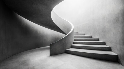 Naklejka premium A modern, spiraling staircase in a minimalist concrete space, emphasizing architectural design.