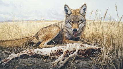 Obraz premium Coyote feeding on carcass in a natural landscape showcasing wildlife behavior in a dry grassland environment