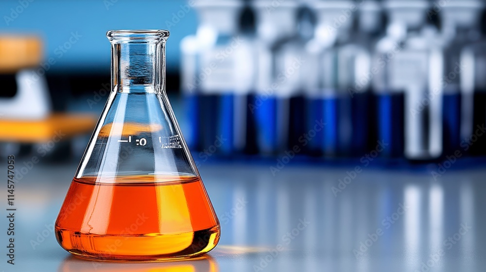Poster a clear flask filled with vibrant orange liquid is prominently displayed in a laboratory setting wit