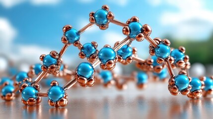 A vibrant close-up of a molecular structure featuring blue spheres connected by metallic bonds, set against a bright, blurred background.
