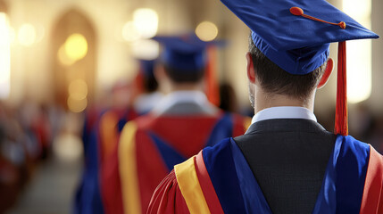 Graduates in caps and gowns walking in ceremony, showcasing pride and achievement. atmosphere is filled with excitement and anticipation for their future